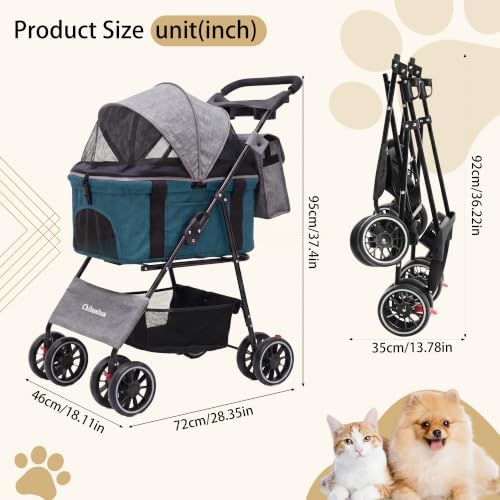 2-in-1 Foldable Pet Stroller 4-Wheel for Small Dogs & Cats,Black+Green