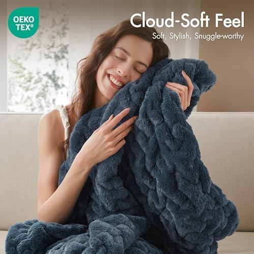 Madison Park Ruched Fur Throw Faux Fur Blanket, 50" x 60", Slate Blue