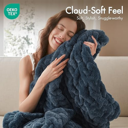 Madison Park Ruched Fur Throw Faux Fur Blanket, 50" x 60", Slate Blue