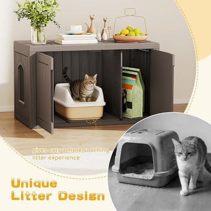 Cat Litter Box Enclosure, Multi-Functional Hidden Enclosed Litter Box Furniture with Adjustable Partition, Indoor Outdoor Cat House Weatherproof, Side Table, Easy to Clean & Assemble, Grey