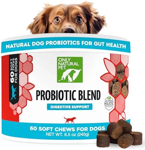 Only Natural Pet Probiotic Dog and Cat Supplement - Digestive & Gut Health Enzyme Formula, Puppy & Canine Digestive Chews, Best for Stomach Relief & Gas Aid - Soft Chews, 60 Count.