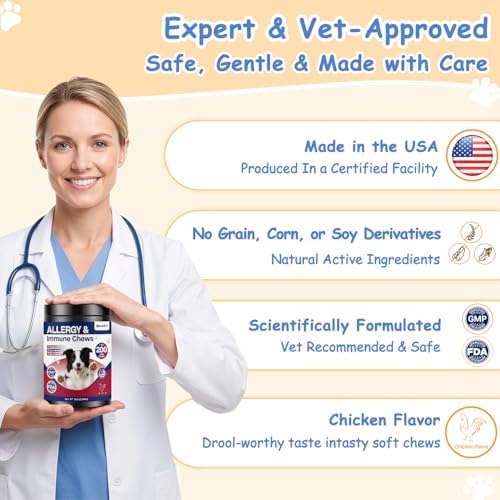 Dog Allergy Chews, Itchy Skin & Paw Licking Support, Probiotics for Dogs, Immune & Gut Health, Seasonal Allergy Formula, Skin & Coat Health, Chicken Flavor Soft Chews, 200 Ct, BlueRed