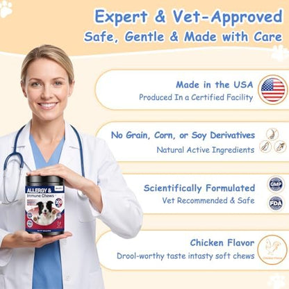 Dog Allergy Chews, Itchy Skin & Paw Licking Support, Probiotics for Dogs, Immune & Gut Health, Seasonal Allergy Formula, Skin & Coat Health, Chicken Flavor Soft Chews, 200 Ct, BlueRed