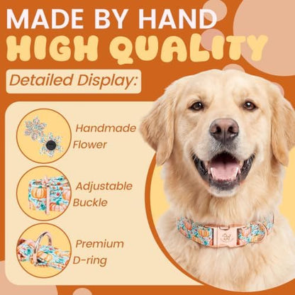 Elegant little tail Halloween Dog Collar, Pink Pumpkin Flower Girl Pet Collars for Female Dogs Pet Adjustable Puppy Collars with Flowers for Small Medium Large Dogs