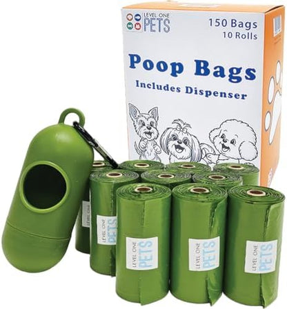 Level One Pets Pet Poop Leak Proof Waste Bags with Dispenser and Leash Clip, Lavender Scented, 9" x 13" Large Size, Bags (150)
