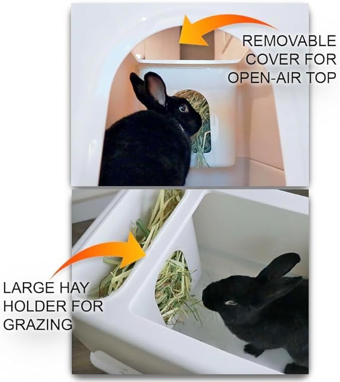 HOP Rabbit Litter Box, Less Mess with Built-in Hay Feeder Designed for Rabbits/Bunnies. Includes Removable Cover and Pan. BPA-Free and Dishwasher Safe. Cat, Guinea Pig and Chinchilla Friendly Too.