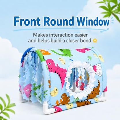 Guinea Pig Hideout Tunnel House, Blue Animal Print Small Animal Hideaway Bed with Curtains, Soft Fabric Cover and PVC Frame for Guinea Pigs, Hamsters, Hedgehogs and Small Pets