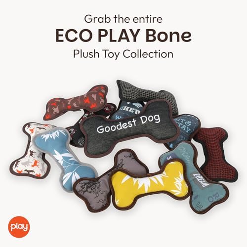 P.L.A.Y. Stuffed Dog Toys - ECO Bones - Extra Durable Squeaker Chew Toy, Great for Teething Puppies & Small, Medium, Large Dog Breeds - Machine Washable, Recycled Materials (Royal Crest, Small)