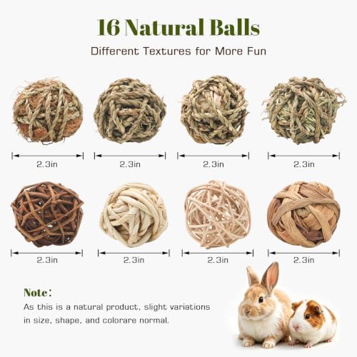 16 Pcs Bunny Chew Grass Balls,Natural Handmade Enrichment Toys for Teeth Grinding, Enrichment Treats for Rodents Rabbits Guinea Pigs Chinchillas Hamsters Mice, Rolling Chew Toys (2.4")