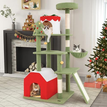 PETSITE 61 inch Cat Christmas Tree, Multi-Level Cat Tower with Sisal Scratching Posts, 2 Cat Condos, Basket Bed, Sisal Covered Ladder, Cute Cat Tree for Indoor Cats