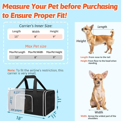 Petskd Small Pet Carrier 18"x11"x11" with Wheels Airline Approved, Black