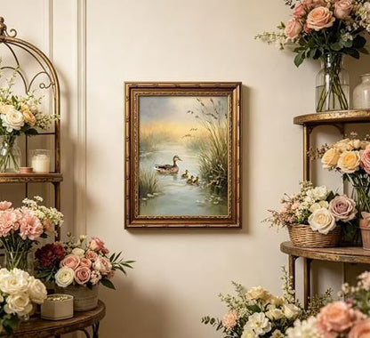 Vintage Gold Framed Duck Wall Art, Pond Ducks Oil Painting Canvas Print, Miniature Bird Wall Decor, Antique Animal Mallard Picture Poster, Rustic Farmhouse Artwork for Nursery Bedroom Living Room