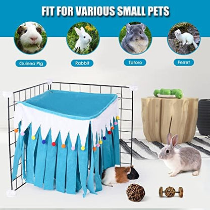 Guinea Pig Hideout - Guinea Pig Corner Hideout, Four-Sided Fringes, Square Top and Washable Hides, Ideal Hides for Small Pets, No Metal Fences, Blue