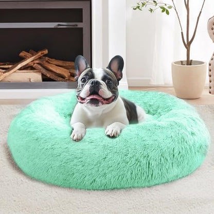 JOLLYVOGUE Calming Dog Bed Medium Size Dog, Anti-Anxiety Donut Medium Pet Bed, 27 inches Fluffy Faux Fur Round Cat Bed (Mint Green)