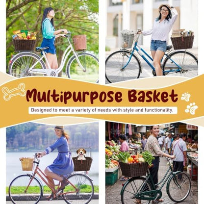 Wicker Dog Bike Basket for Small Dogs up to 8-10 Lbs, Flat-top