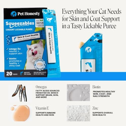 Pet Honesty Vet Backed Cat Skin & Coat Supplement Puree, Salmon, 20 Ct