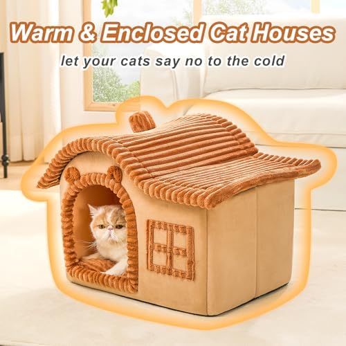 Jiupety Bear Cat Houses for Indoor Cats, Chimney Cute Cat Bed Cave, Enough Interior Space, Cartoon Soft Pet House Up to 3-15 lbs Puppy, Brown