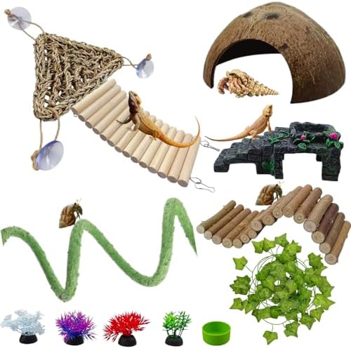 12-in-1 Hermit Crab Accessories Kit, 2026 New Kit for Bearded Dragon, Coconut Shell Hideout, Climbing Bridge, Hammock, Vines & Plants, Reptile Terrarium Decor for Gecko, Lizard, Amphibians