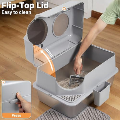 Stainless Steel Cat Litter Box Enclosed,Metal Litter Box with Lid