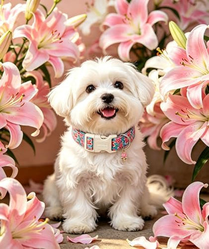 Lionet Paws Floral Dog Collar Summer Lily Collars with Pink Lilies Pattern Pendant - Female Girl Dog Collar for Medium Large Dogs L
