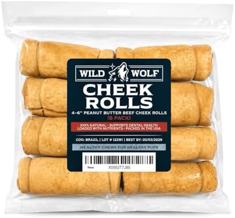 Wild Wolf 4-6" Peanut Butter Beef Collagen Cheek Rolls for Dogs (8 Pack) - 100% Natural Big Dog Chew - No Rawhide - Free-Range Grass-Fed, Packed with Protein - for Aggressive Chewers