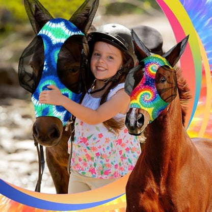 Weewooday 2 Pieces Horse Fly Masks for Horses Soft Fly Masks for Ears Smooth and Elasticity Mask with UV Protection(Tie-dye Pattern,M)