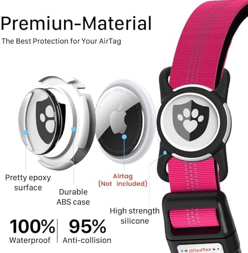 Waterproof AirTag Dog Collar with QR Code Dog Tag, Rose Red M
