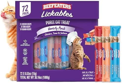Beefeaters wet cat treats lickable 72 Count Puree Variety Pack - Salmon Tuna Chicken for Hydration & Training, Grain Free Taurine Enriched High Moisture, lickable cat treats squeeze up for Picky Eater