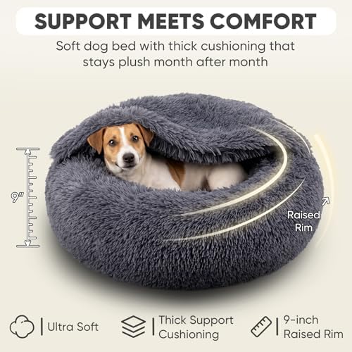 Himax Covered Medium Dog Bed with Blanket Attached Calming Burrow Deep Grey