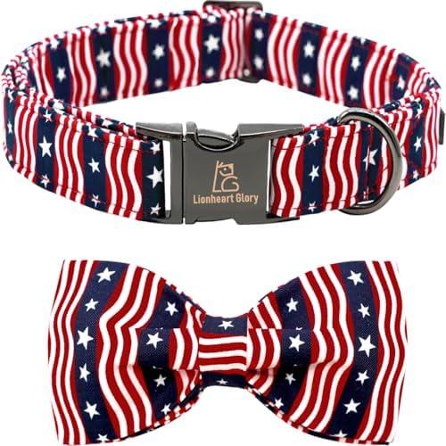 Lionheart glory American Flag Dog Collar, 4 of July Dog Bow Collar Heavy Duty Adjustable Patriotic Dog Collar with Bowtie for Medium Dogs Pet Gift