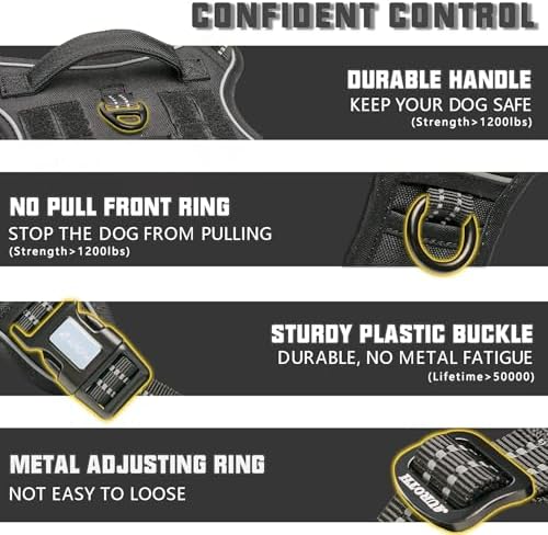 Auroth Tactical Dog Harness for Small Medium Dogs No Pull Adjustable Pet Harness Reflective K9 Working Training Easy Control Pet Vest Military Service Dog Harnesses Black S
