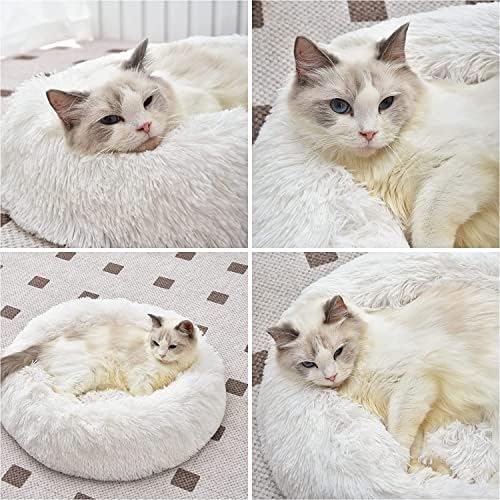 White Faux Fur Cat & Dog Beds 20 inches - Washable Dog Beds for Small Medium Dogs, Anti-Anxiety, Round Plush, Fluffy Thick Bottom