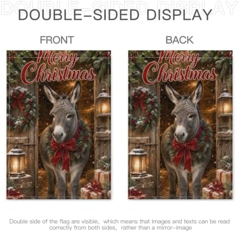 Christmas Donkey House Flag 28x40 Inch Merry Holiday Wreath Bow Lantern Gifts Snowy Barn Rustic Farmhouse Outdoor Yard Lawn Porch Double Sided Banner Winter Welcome Decor