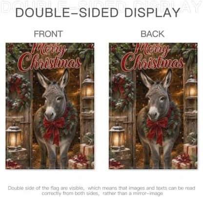 Christmas Donkey House Flag 28x40 Inch Merry Holiday Wreath Bow Lantern Gifts Snowy Barn Rustic Farmhouse Outdoor Yard Lawn Porch Double Sided Banner Winter Welcome Decor