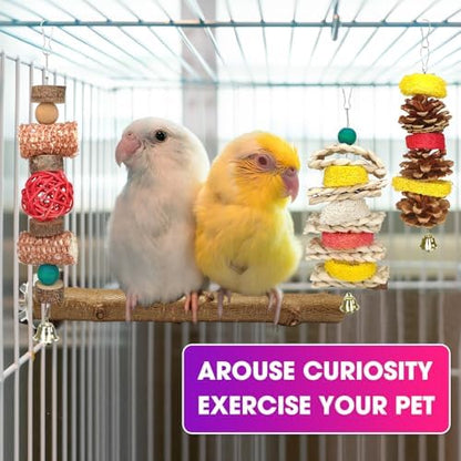 JOREWOOD 7 Pcs Natural Wood Bird Toy & Perch for Parakeets, Cockatiel & Lovebird, Budgie Play Accessory for Small Parrots Indoor Cage