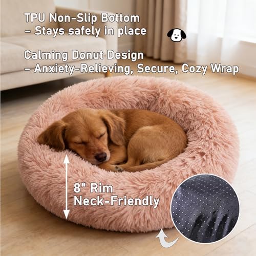 Calming Donut Dog Beds Large Sized Dog - Washable Removable Cover Non-Slip, Round Pet Bed Warming Fluffy Plush Faux Fur Anti-Anxiety Thick Cushion, Fits up to 80 lbs (Blush, 36")