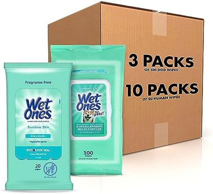 Wet Ones Mixed 13 Piece Bundle of Human & Pet Wet Wipes, Hypoallergenic | 10 Packs Sensitive Skin Hand and Face Wipes, 20 Ct Plus 3 Packs for Pets Hypoallergenic Dog Wipes, 100ct