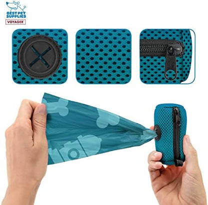 Best Pet Supplies Dog Poop Bag Holder Leash Attachment with Reusable Dispenser for Travel, Walking, Park, and Outdoor Use, Durable with Clip-On - Turquoise, Mesh Dispenser w/15 Bags