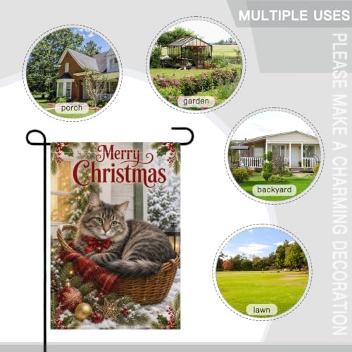 Merry Christmas House Flag 28x40 Inch Tabby Cat Wicker Basket Red Bow Holly Ornament Snowy Vintage Cottage Outdoor Yard Lawn Front Porch Welcome Double Sided Banner Decor