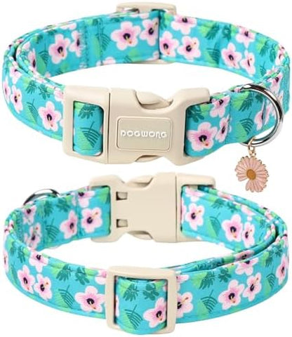 DOGWONG Spring Pink Floral Cotton Dog Collar for Small Medium Large Dogs XL