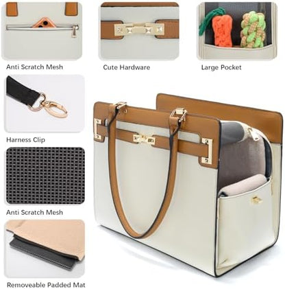 2-in-1 Stylish Dog Purse Carrier Soft-Sided Carriers Travel Tote Bag for Small Dogs Cats, Fashion Foldable Pet Bag for Puppies Small Animals with Pockets (Beige+Brown, 15" L x 7.5" W x 12.2" H)