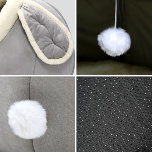 Cat Beds for Indoor Cats-Rabbit-Shaped Cat Cave Bed with Hanging Toy,Grey L