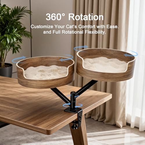 Double Cat Desk Bed with 2 Pet Mat ，360° Rotation ，Walnut Wood Finish，Space-Saving Perch Adjustable Cat Bed Desk Easy Install - Suitable for Indoor Furniture for Office & Game Tables