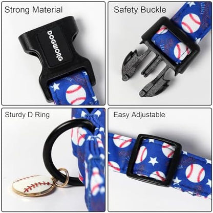 DOGWONG Baseball Dog Collar, Spring Summer Boy Dog Collar,Blue Patriotic Blue Baseball Boy Dogs Collars for Small Medium Dogs, Neck 14-21 inches
