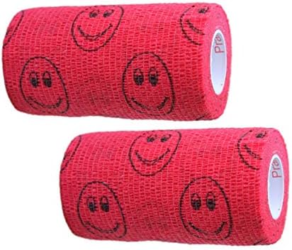 2 Pack Premium Vet Wrap - Self Adhesive Bandage Wrap & Athletic Tape- 4" x 5 Yards Elastic & Self-Sticking Cohesive Bandage for Pets, Sports, Wrists, & Ankles - Red with Smiles by Prairie Horse Supply