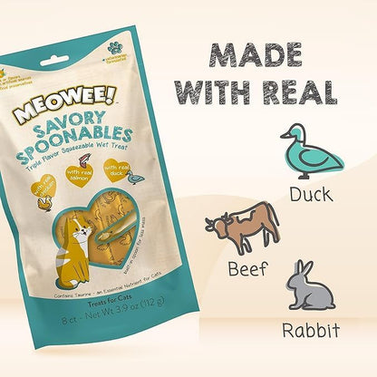 MEOWEE! Savory Spoonables with Real Chicken, Salmon and Duck for Cats, 8 Count, Treat Your Cat to Triple Flavor Squeezable Lickable Wet Treats with Built-in Spoon for Less Mess