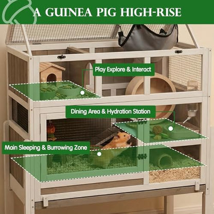3-Story Guinea Pig Cage with Stand, Wooden Indoor Habitat