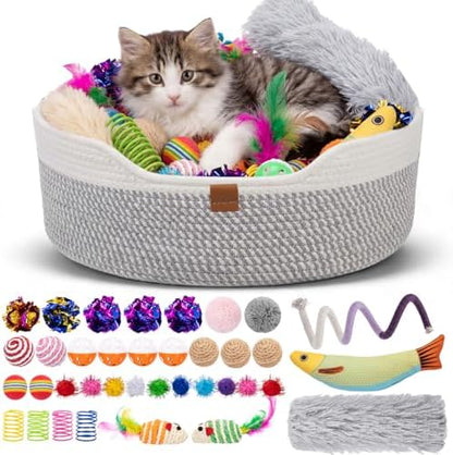 Leitee 40 Pcs Cat Toys with Cat Bed Storage Basket, White,Grey
