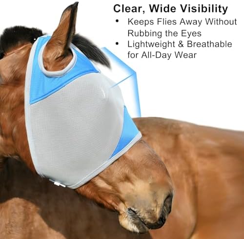 Horse Fly Mask Without Ears, UV Block Breathable Mesh (Blue, L)