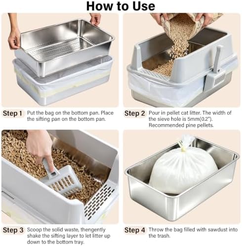 Stainless Steel Litter Box with Lid,XL Sifting Litter Box for Pine Pellets